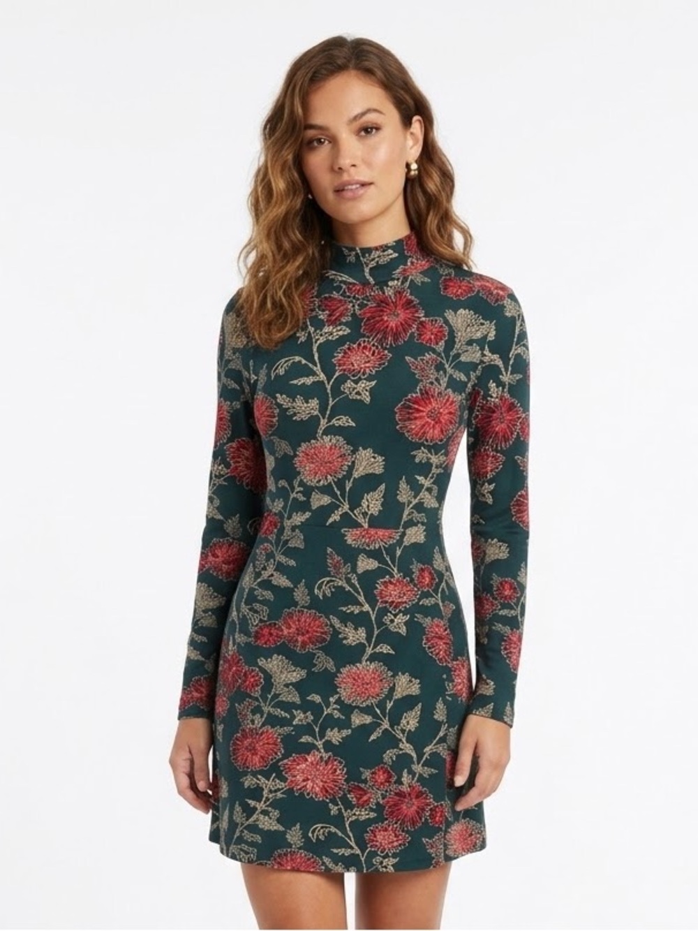 Altar’d State Dark Green Floral Mock Neck Mini Dress Size Medium